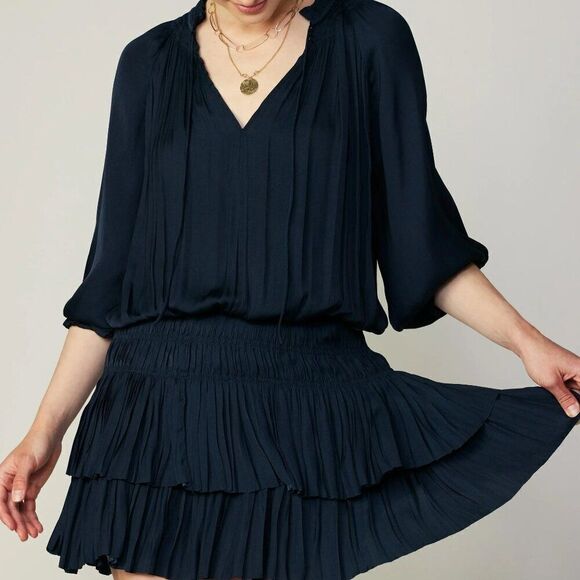 Current Air Aurelie Navy Pleated Mini Dress sz S - Picture 1 of 13